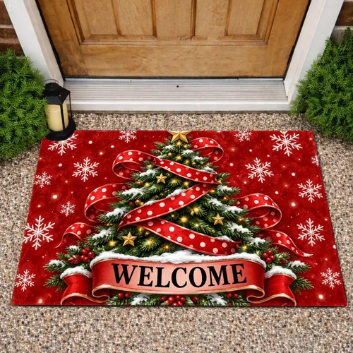 Christmas Tree Red Polka Dot Bow Snowflakes Holiday Entryway Winter Welcome Doormat