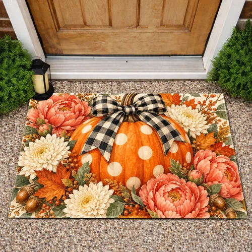 Polka Dot Pumpkin and Buffalo Plaid Bow and Peonies for Fall Thanksgiving Home Decor Doormat