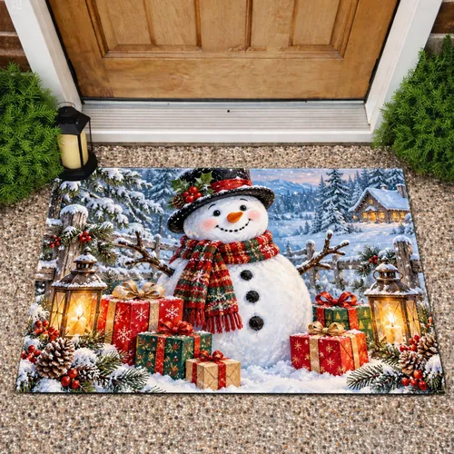 Festive Snowman With Lanterns And Gifts For A Cozy Christmas Welcome Doormat