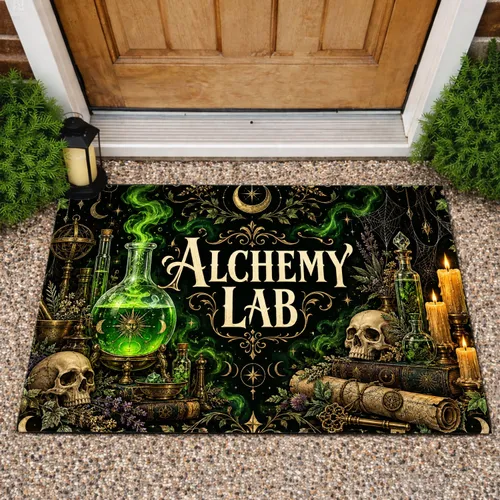 Gothic Alchemy Lab Potions And Skulls For Halloween Entryway Seasonal Home Decor Doormat