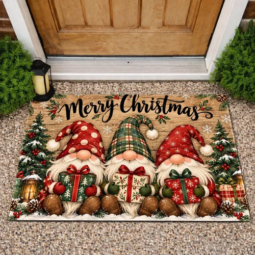 Three Christmas Gnomes With Gifts for a Cozy Holiday Welcome at Home This Winter Doormat
