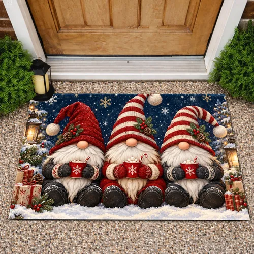 Three Christmas Gnomes With Mugs For Cozy Winter Holiday Home Style Doormat