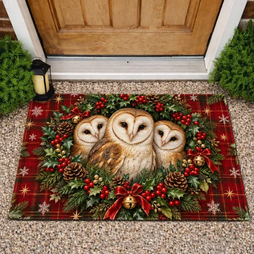 Christmas Owl Trio Holly Wreath Red Tartan for Cozy Holiday Home Decor Doormat