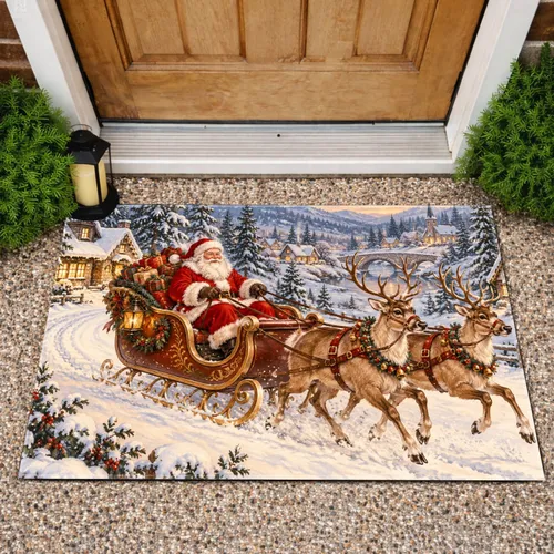 Santa Claus Sleigh and Two Reindeer in a Snowy Village for Cozy Christmas Homes Doormat