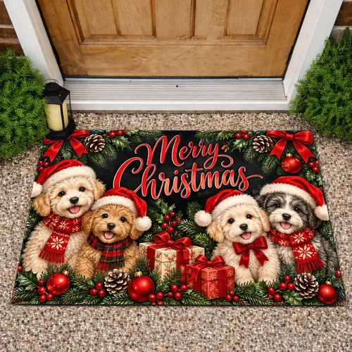 Christmas Puppy Portraits for Cozy Holiday Entryways and Cheerful Winter Decorating Doormat
