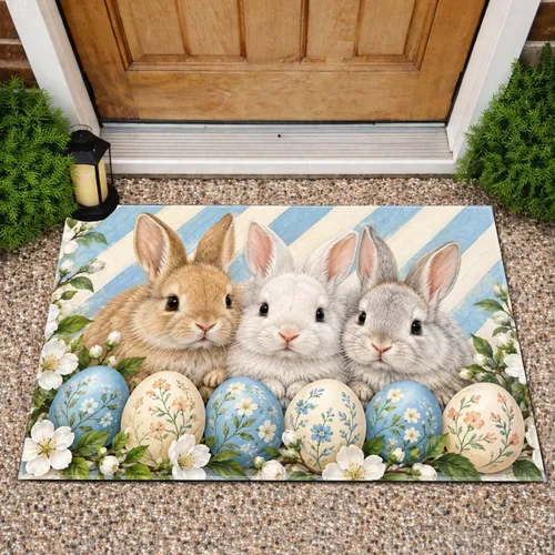 Three Easter Bunnies With Pastel Eggs for a Charming Springtime Entry Doormat