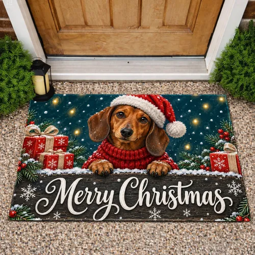 Dachshund Santa Hat Christmas Scene for Cozy Holiday Home Cheer and Seasonal Decorating Doormat