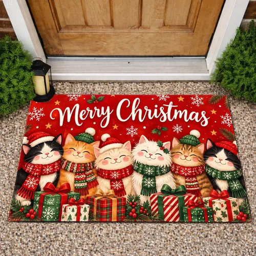 Six Festive Christmas Cats with Presents for a Cozy Holiday Home Celebration Doormat