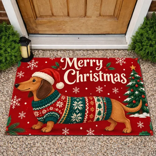 Christmas Dachshund in Santa Hat and Sweater for Festive Holiday Home Decor Doormat