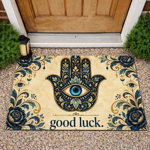 Golden Blue Hamsa Hand with Evil Eye for Bohemian Good Fortune and Housewarming Gifts Doormat