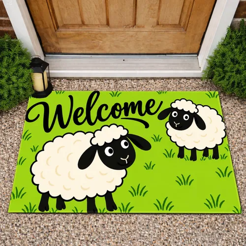 Two Sheep on a Lime Green Field for a Cheerful Farmhouse Entryway and Country Home Doormat