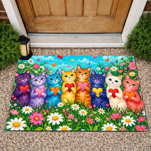 Eight Colorful Cats Holding Hearts in a Spring Garden for Cheerful Cat Lover Homes Doormat