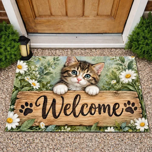 Curious Tabby Kitten Welcome Sign for Warm Home Entrances and Cat Lovers Doormat
