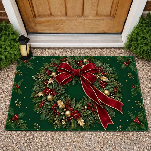 Evergreen Christmas Wreath with Red Bow for Festive Holiday Home Decorating Doormat
