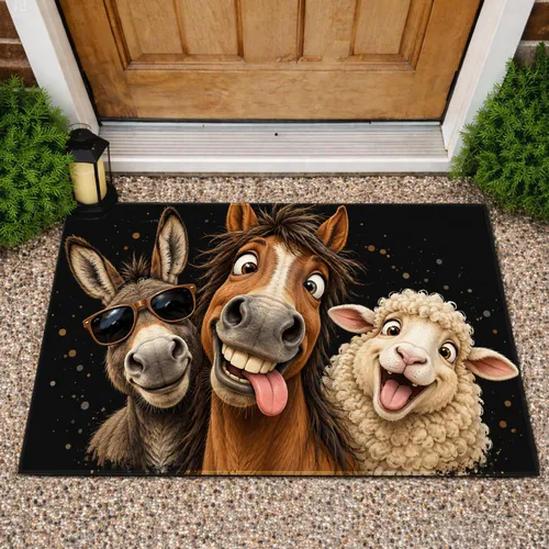 Goofy Donkey Horse and Sheep Faces for Playroom Entryway Farm Animal Lovers Doormat