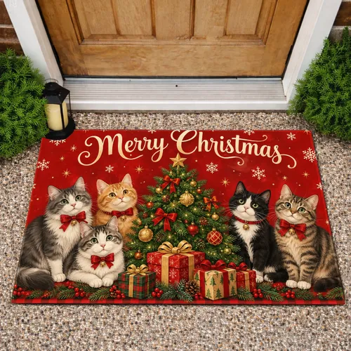 Christmas Cats Gather Around a Decorated Tree for Cozy Holiday Home Celebrations Doormat