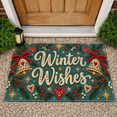 Winter Wishes Holiday Hearts and Bells for Cozy Christmas Home Entryway Cheerfulness Doormat