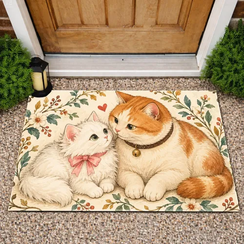 Watercolor Cat Pair with Tiny Flowers for a Cozy Cat-Lover Home and Pet-Themed Living Doormat