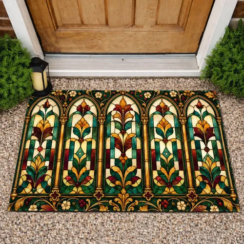 Vintage Stained Glass Arched Window Panel For Cozy European Autumn Home Decor Accents Doormat
