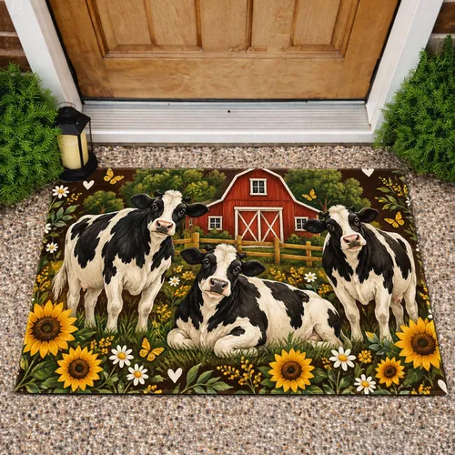 Holstein Cows Red Barn Sunflowers for Cozy Rustic Farmhouse Living Doormat