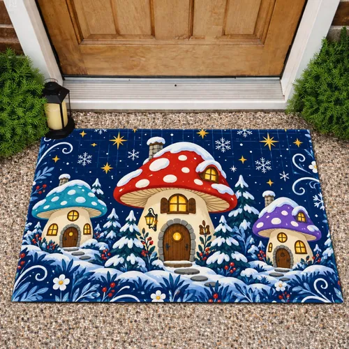 Whimsical Mushroom Cottage Nightscape for Cozy Winter Holiday Home Decorating Fairytale Doormat