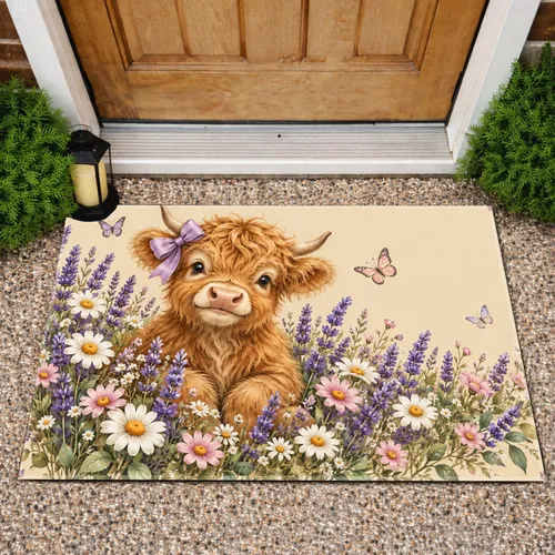 Lavender Daisy Highland Calf with Bow for Cozy Autumn Farmhouse Seasonal Home Decor Doormat