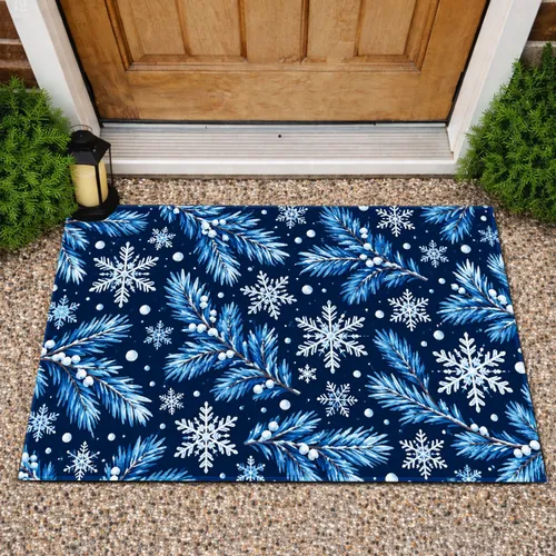 Blue Pine Boughs and Snowflakes for a Cozy Christmas Holiday Home Gathering Doormat