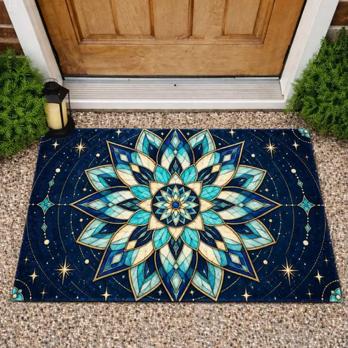 Blue Stained Glass Mandala for Celestial Holiday Entryway and Winter Home Decor Doormat