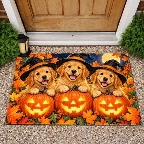 Golden Puppy Trio With Jack-O'-Lanterns for Cozy Halloween Home Decor Lovers Doormat