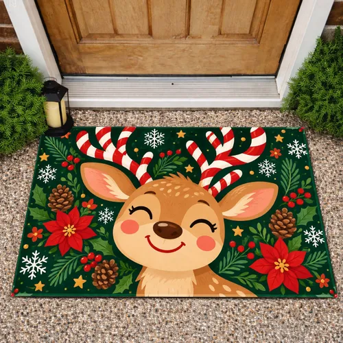 Cheerful Reindeer With Striped Antlers for Cozy Christmas Home Decorating and Winter Cheer Doormat