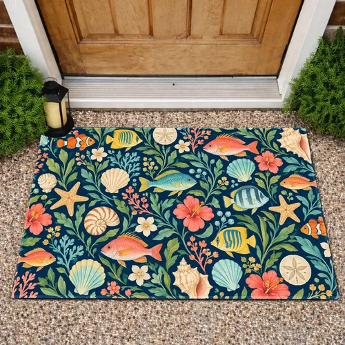 Navy Blue Fish, Seashell and Botanical Motifs for Coastal Home Style and Ocean Lovers Doormat