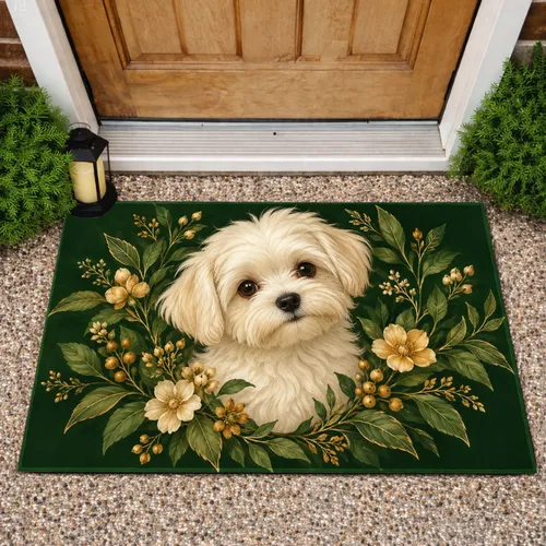 Maltese Puppy and Botanical Florals for Cozy Autumn Homes and Charming Dog-Lover Spaces Doormat