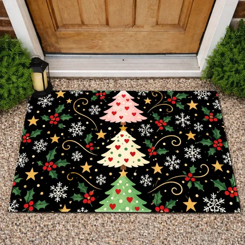 Three Christmas Trees with Hearts and Snowflakes for a Cheerful Holiday Home Decor Doormat