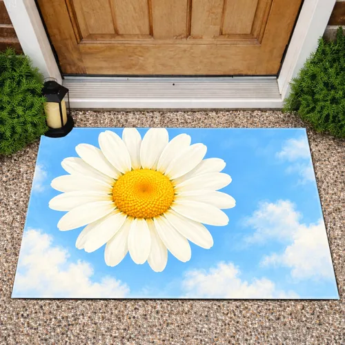 White Daisy on Sky Blue Clouds for Bright Spring Entryways and Cheerful Home Style Doormat