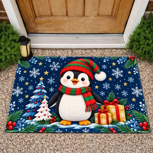 Blue Plaid Penguin Christmas Scene for Festive Winter Entryway Decorating All Season Doormat