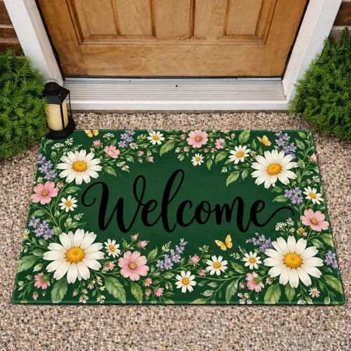 Daisy Wildflowers And Welcome Script For A Cheerful Garden-Inspired Home Entryway Doormat