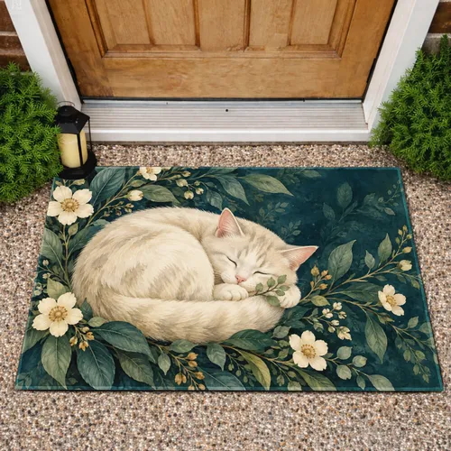 Sleeping Cream Cat Among Teal Botanicals for Cozy Cat Lover Home Decor and Calm Spaces Doormat