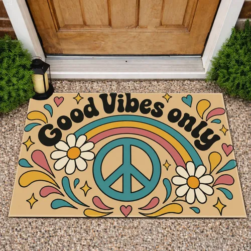 Rainbow Peace Sign and Daisies for Cheerful Boho Everyday Home Entryway Welcome Doormat