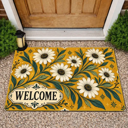 White Daisy Garden Welcome with Vintage Botanical Charm for Warm Home Entries Doormat