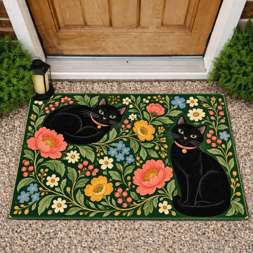 Black Cat And Wildflower Folk Art For Cozy Cottage Living And Cat Lover Decor Gift Doormat