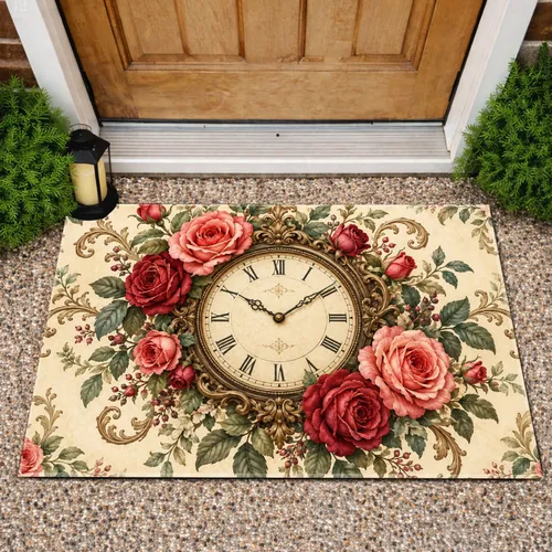 Vintage Rose Bouquet Clock for Timeless Romantic Cottage Home Entryway Decor Style Doormat
