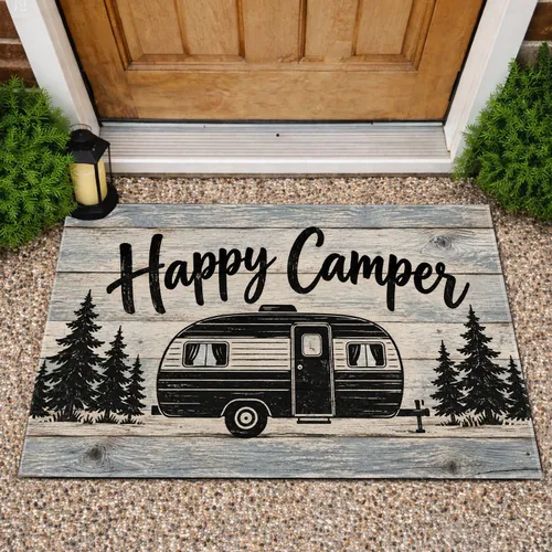 Rustic Happy Camper Van And Pine Trees For Road Trip Lovers And Outdoor Adventurers Doormat