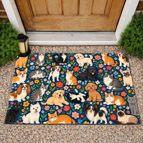 Navy Cat And Dog Floral Garden For Cheerful Pet Lover Home Décor And Cozy Entryways Doormat