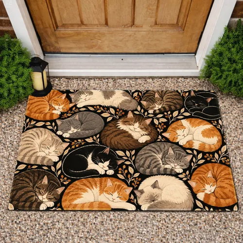 Sleeping Cat Family with Autumn Foliage for Cozy Homes and Thoughtful Cat Lover Gifts Doormat