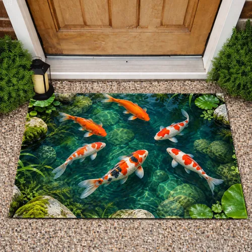 Koi Fish and River Stone Pond Scene for Serene Garden Living and Calm Nature Lovers Doormat