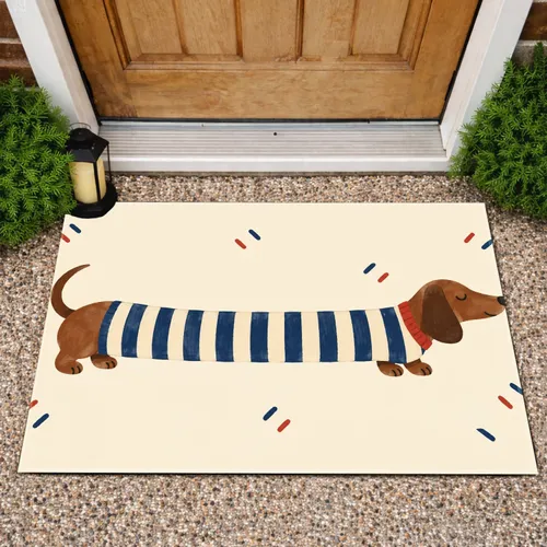 Long Dachshund in Blue Striped Sweater for Cozy Dog-Loving Homes and Welcoming Hallways Doormat
