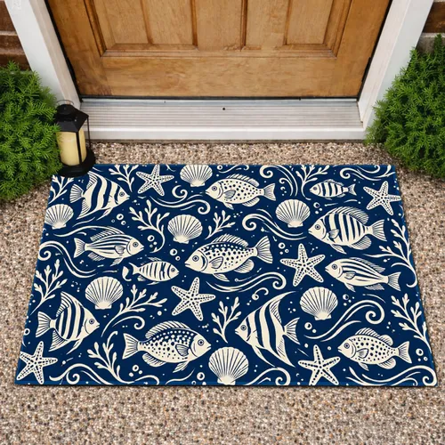 Navy Blue Ocean Fish and Seashells for Coastal Summer Home Styling and Beach Lovers Doormat