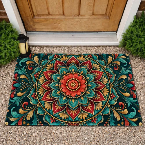 Intricate Teal And Ruby Mandala For Bohemian Entryway Style And Colorful Home Decor Doormat