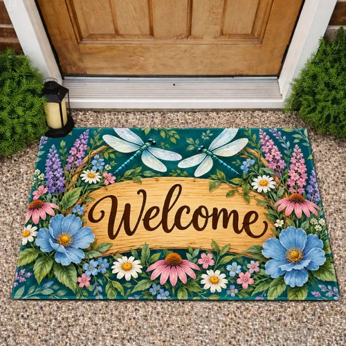 Dragonfly And Wildflower Welcome Scene For Cheerful Country Cottage Entryway Gift Doormat