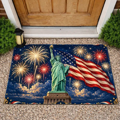 Statue of Liberty and American Flag Fireworks for Fourth of July Holiday Celebrations Doormat